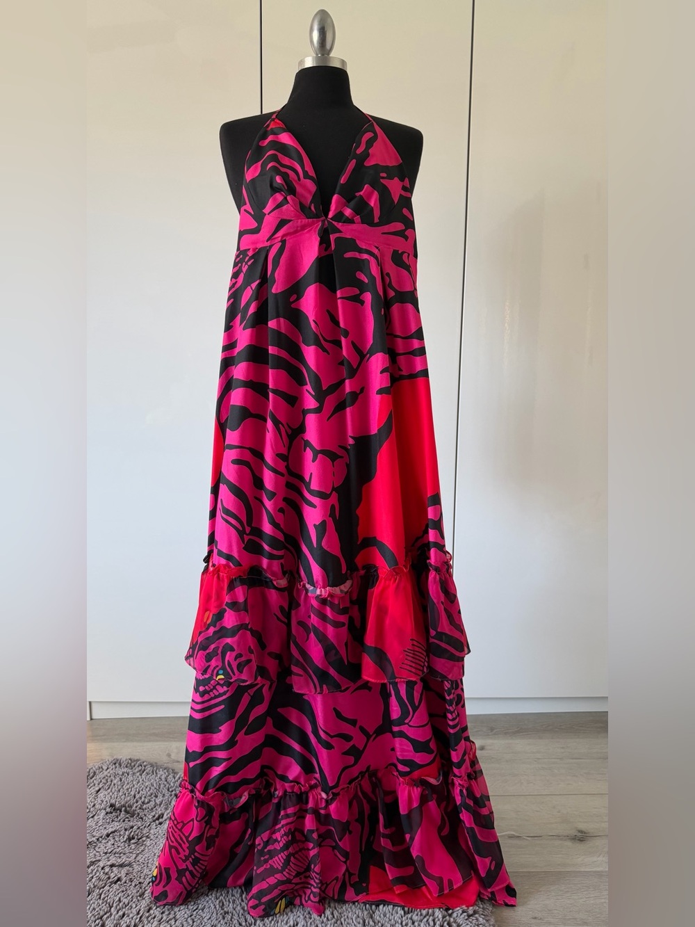 AKIRA Bold Pink & Black Tiered Maxi Skirt
